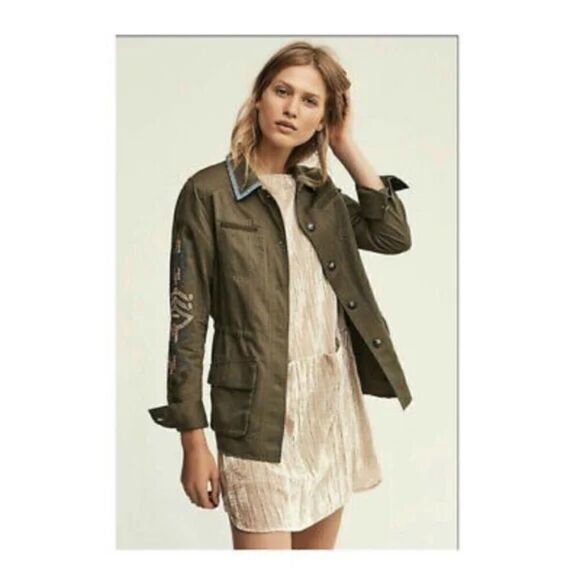 EUC Anthropologie Hei Hei Beaded Embroidered Olive Green Utility Jacket Sz SMALL - Picture 8 of 9